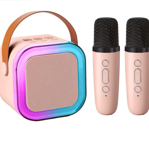 Set Karaoke Wireless cu Boxă Bluetooth, 2 Microfoane, Radio FM, microSD, Portabil, Roz și Albastru