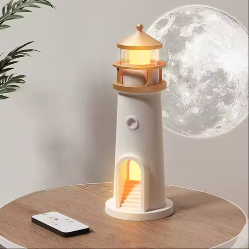 Lampa Moon Lighthouse cu senzor de mișcare, proiecție lumină, telecomandă – veioză LED cu temporizator, culoare albă