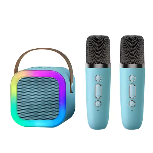 Set Karaoke Wireless cu Boxă Bluetooth, 2 Microfoane, Radio FM, microSD, Portabil, Roz și Albastru