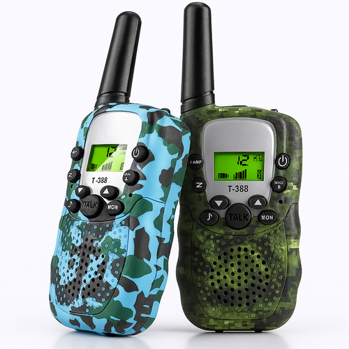 Set 2 stații Walkie Talkie pentru copii, ecran LCD, rază 3 km, funcție anticădere, 20 canale, 5 sunete de apel, disponibile în 3 culori