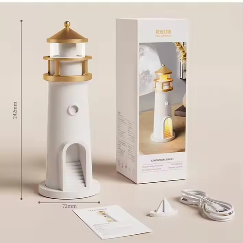 Lampa Moon Lighthouse cu senzor de mișcare, proiecție lumină, telecomandă – veioză LED cu temporizator, culoare albă